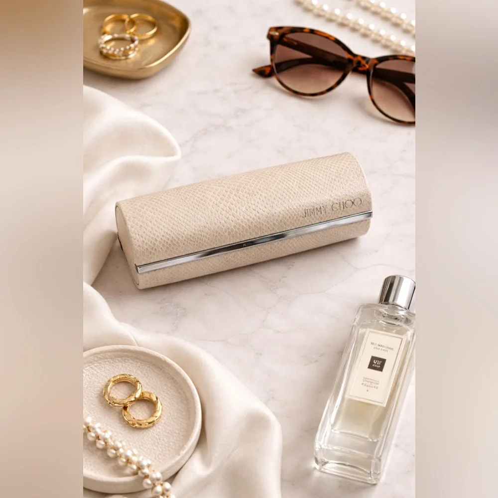 Jimmy Choo Beige Snakeskin Embossed Hard Eyeglass Case